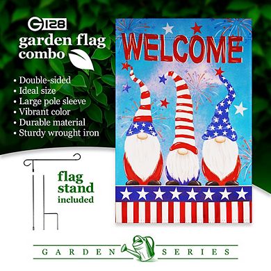 G128 Combo Set: Garden Flag Stand 1PK AND Welcome 3 Patriotic Gnomes 12"x18" 1PK