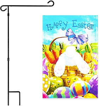 Combo: Garden Flag Stand 1 pk AND Happy Easter Carrots Colorful Eggs with Bunny in Basket 12"x18" 1 pk