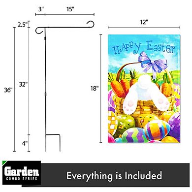 Combo: Garden Flag Stand 1PK AND Happy Easter Carrots Colorful Eggs with Bunny in Basket 12"x18" 1PK