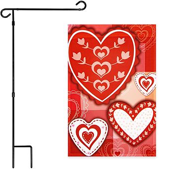 G128 Combo Set: Garden Flag Stand 1 pk AND Patchwork Hearts 12"x18" 1 pk