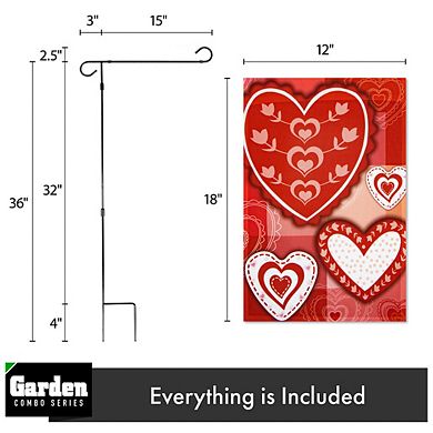 G128 Combo Set: Garden Flag Stand 1PK AND Patchwork Hearts 12"x18" 1PK