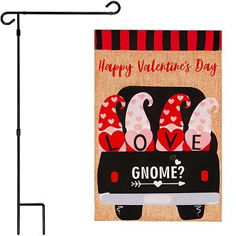 G128 Combo Set: Garden Flag Stand 1 pk AND Happy Vday Love 4 Gnomes in Truck 12"x18" Burlap 1 pk