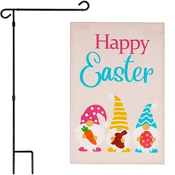 Combo: Garden Flag Stand AND Happy Easter 3 Gnomes Carrot Chocolate Bunny Egg 12"x18" Burlap 1 pk
