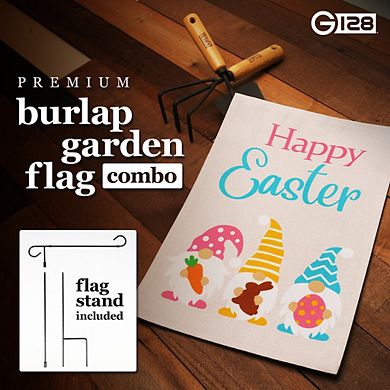 Combo: Garden Flag Stand AND Happy Easter 3 Gnomes Carrot Chocolate Bunny Egg 12"x18" Burlap 1PK