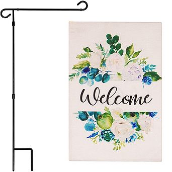 G128 Combo Set: Garden Flag Stand 1 pk AND Welcome Elegant Floral Arrangement 12"x18" Burlap 1 pk