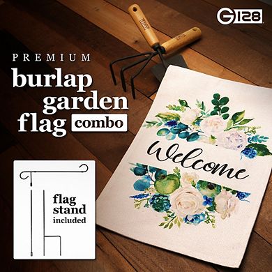 G128 Combo Set: Garden Flag Stand 1PK AND Welcome Elegant Floral Arrangement 12"x18" Burlap 1PK