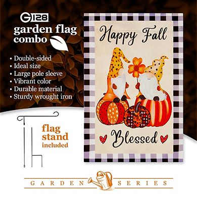 G128 Combo Set: Garden Flag Stand 1PK AND Happy Fall Blessed 2 Gnomes Sitting on Pumpkins 12"x18" Blockout 1PK