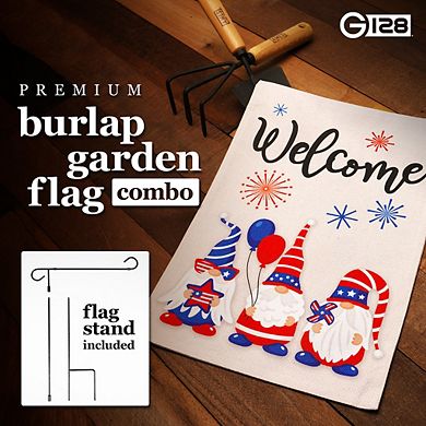G128 Combo Set: Garden Flag Stand 1PK AND Welcome 3 Gnomes Celebrating July 4th 12"x18" Burlap 1PK