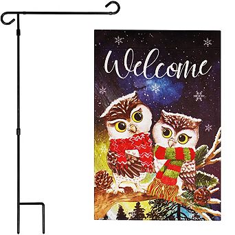 G128 Combo Set: Garden Flag Stand 1 pk AND Welcome Cozy Owls with Scarves 12"x18" 1 pk