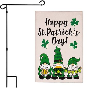 G128 Combo: Garden Flag Stand 1 pk AND Happy St Patrick's Day 3 Leprechaun Gnomes 12"x18" Burlap 1 pk
