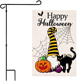 G128 Combo Set: Garden Flag Stand 1 pk AND Happy Halloween Gnome with Pumpkin and Black Cat 12"x18" Blockout 1 pk