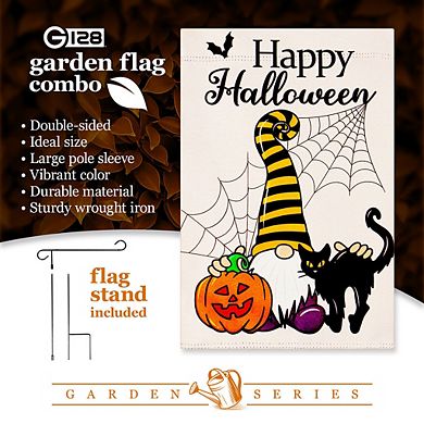 G128 Combo Set: Garden Flag Stand 1PK AND Happy Halloween Gnome with Pumpkin and Black Cat 12"x18" Blockout 1PK