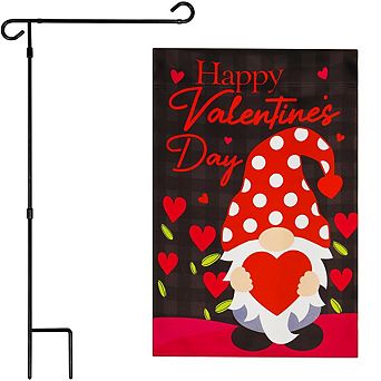 G128 Combo Set: Garden Flag Stand 1 pk AND Happy Vday Gnome Holding Red Heart 12"x18" Blockout 1 pk