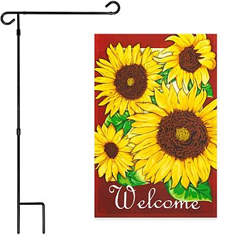 G128 Combo Set: Garden Flag Stand 1 pk AND Welcome 4 Sunflowers Red BG 12"x18" 1 pk