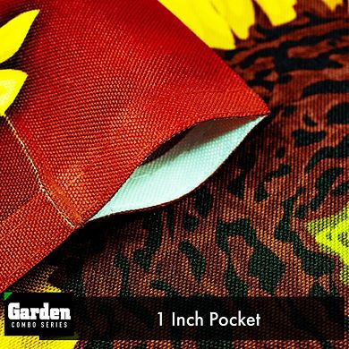 G128 Combo Set: Garden Flag Stand 1PK AND Welcome 4 Sunflowers Red BG 12"x18" 1PK
