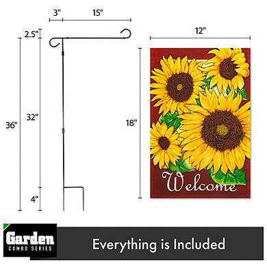 G128 Combo Set: Garden Flag Stand 1PK AND Welcome 4 Sunflowers Red BG 12"x18" 1PK