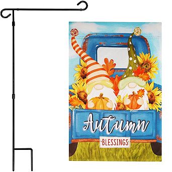 G128 Combo Set: Garden Flag Stand 1 pk AND Autumn Blessings Gnomes with Pumpkins 12"x18" 1 pk