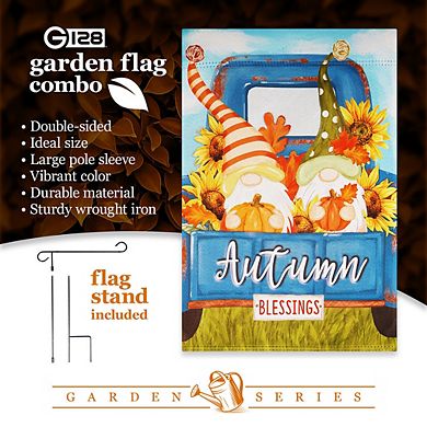 G128 Combo Set: Garden Flag Stand 1PK AND Autumn Blessings Gnomes with Pumpkins 12"x18" 1PK