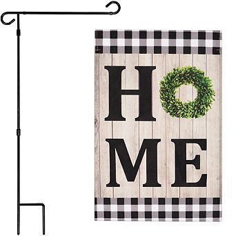 G128 Combo Set: Garden Flag Stand 1 pk AND Home Sweet Home Wreath 12"x18" Burlap 1 pk