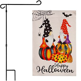 G128 Combo Set: Garden Flag Stand 1 pk AND Happy Halloween 2 Witchy Gnomes 12"x18" Blockout 1 pk