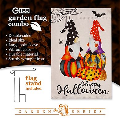 G128 Combo Set: Garden Flag Stand 1PK AND Happy Halloween 2 Witchy Gnomes 12"x18" Blockout 1PK