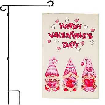 G128 Combo Set: Garden Flag Stand 1 pk AND Happy Vday 3 Pink Hat Gnomes 12"x18" Burlap 1 pk