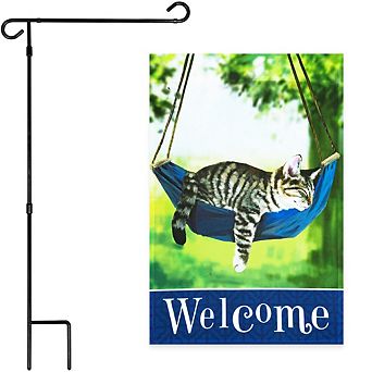 G128 Combo Set: Garden Flag Stand 1 pk AND Welcome Sleeping Kitten 12"x18" 1 pk