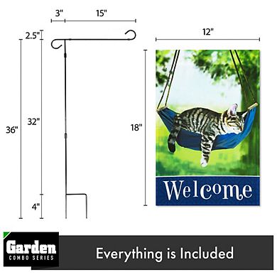 G128 Combo Set: Garden Flag Stand 1PK AND Welcome Sleeping Kitten 12"x18" 1PK