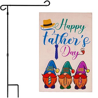 G128 Combo Set: Garden Flag Stand 1 pk AND Happy Father's Day 3 Gnome Fathers 12"x18" Burlap 1 pk