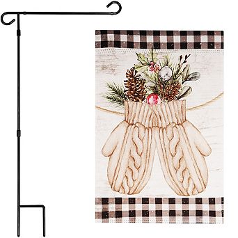 G128 Combo Set: Garden Flag Stand 1 pk AND Mittens with Evergreen Arrangement 12"x18" 1 pk