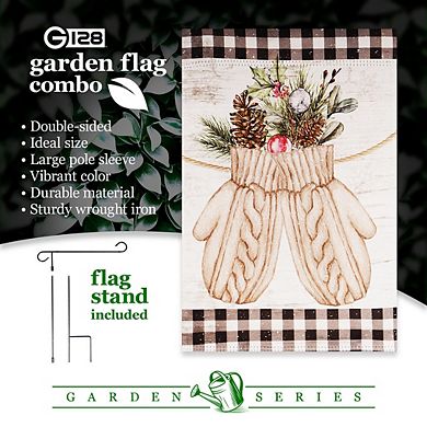 G128 Combo Set: Garden Flag Stand 1PK AND Mittens with Evergreen Arrangement 12"x18" 1PK