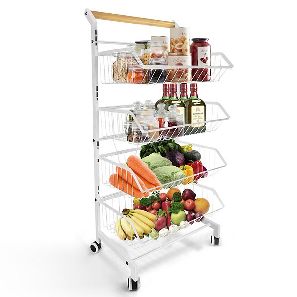 4 tier Rolling Utility Cart with Lockable Wheels, Adjustable Baskets Metal Storage Cart for Kitchen