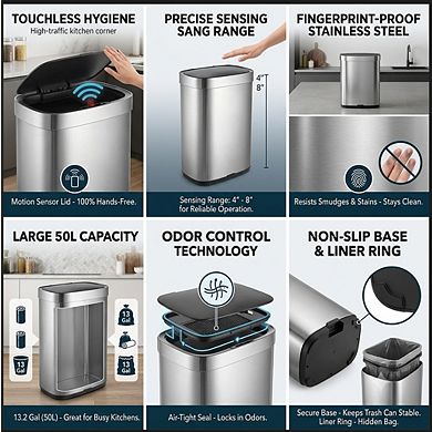 13 Gallon Touchless Motion Sensor Stainless Steel Kitchen Trash Can, Includes 45 Trash Bags