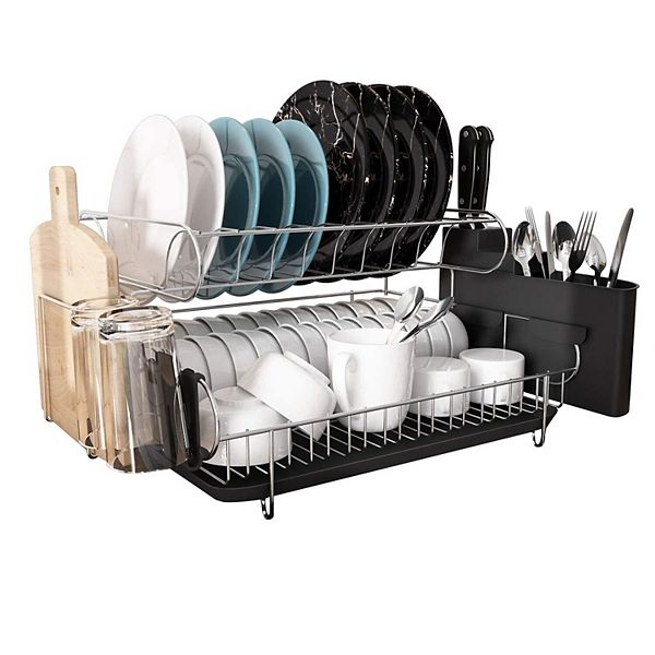 Double Tier Stainless Steel Dish Rack With Drainboard Set And Utensil
