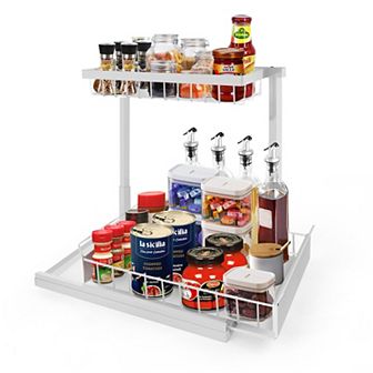 L-Shaped 2 tier Under Sink Organizer with Pull Out Sliding Storage Drawer