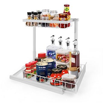 L-Shaped 2 tier Under Sink Organizer with Pull Out Sliding Storage Drawer
