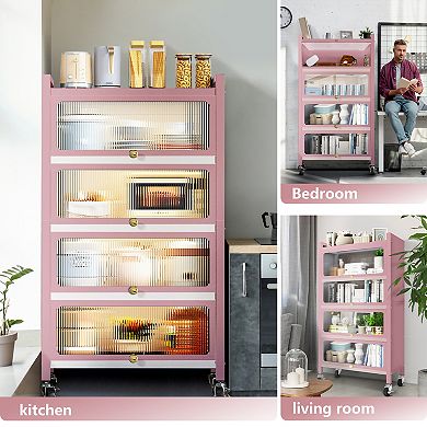 56.2" Tall Kitchen Storage Cabinet, 5 Tier Pantry Cabinet, 4 Door Accent Cabinet, Pink