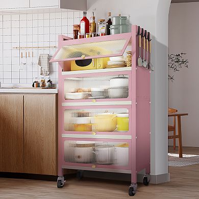 56.2" Tall Kitchen Storage Cabinet, 5 Tier Pantry Cabinet, 4 Door Accent Cabinet, Pink