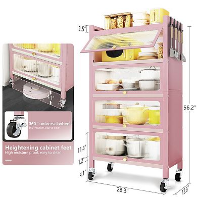 56.2" Tall Kitchen Storage Cabinet, 5 Tier Pantry Cabinet, 4 Door Accent Cabinet, Pink