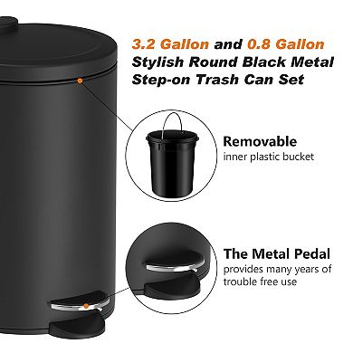 3.2 Gal./12-Liter and 0.8 Gal./3 Liter Stylish Round Black Metal Step-on Trash Can Set