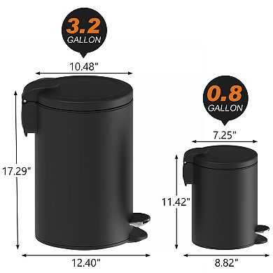 3.2 Gal./12-Liter and 0.8 Gal./3 Liter Stylish Round Black Metal Step-on Trash Can Set