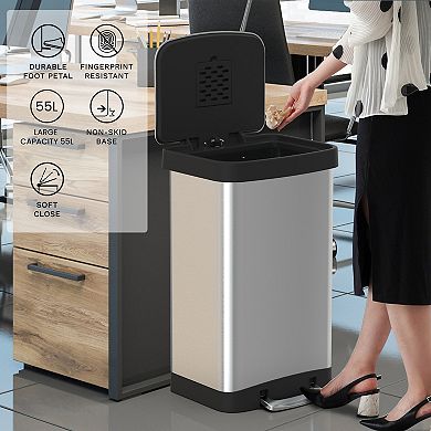 14.5 Gal./55 Liter Rectangle Step-On Stainless Steel Trash Can for Kitchen