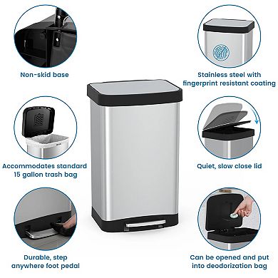 14.5 Gal./55 Liter Rectangle Step-On Stainless Steel Trash Can for Kitchen