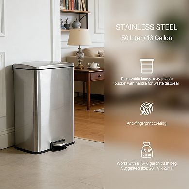 13 Gal./50 Liter Rectangular Stainless Steel Step-on Trash Can for Kitchen