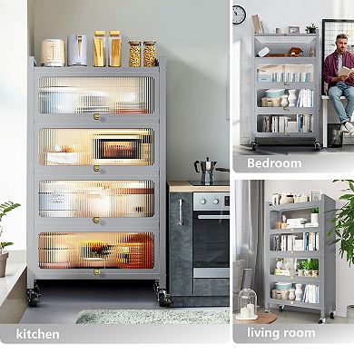 4 Door Accent Cabinet, 5 Tier Kitchen Organizer Shelf, Grey