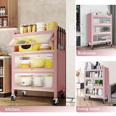 45.7'' Tall 3 Door Accent Cabinet, 4 Tier Kitchen Organizer Shelf, Pink