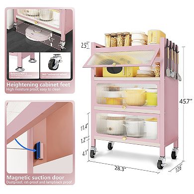 45.7'' Tall 3 Door Accent Cabinet, 4 Tier Kitchen Organizer Shelf, Pink