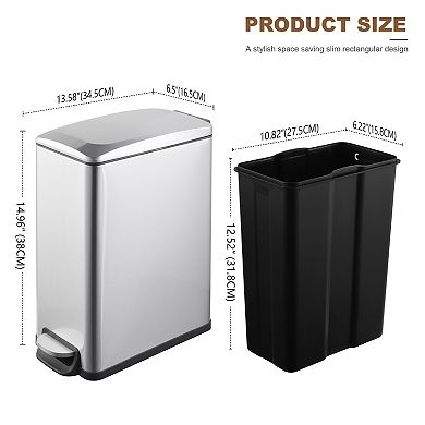 2.6 Gal./10 Liter Slim Stainless Steel Step-on Trash Can for Bathroom and Office