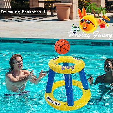 Inflatable Pool Toys Games Set, Floating Pool Basketball Hoops Pool Ring Toss Game for Kids Family