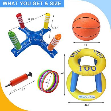 Inflatable Pool Toys Games Set, Floating Pool Basketball Hoops Pool Ring Toss Game for Kids Family